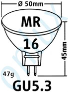 MiroLux GU5.3 LED Lampe aus Quartzglas - Masse und Gewicht